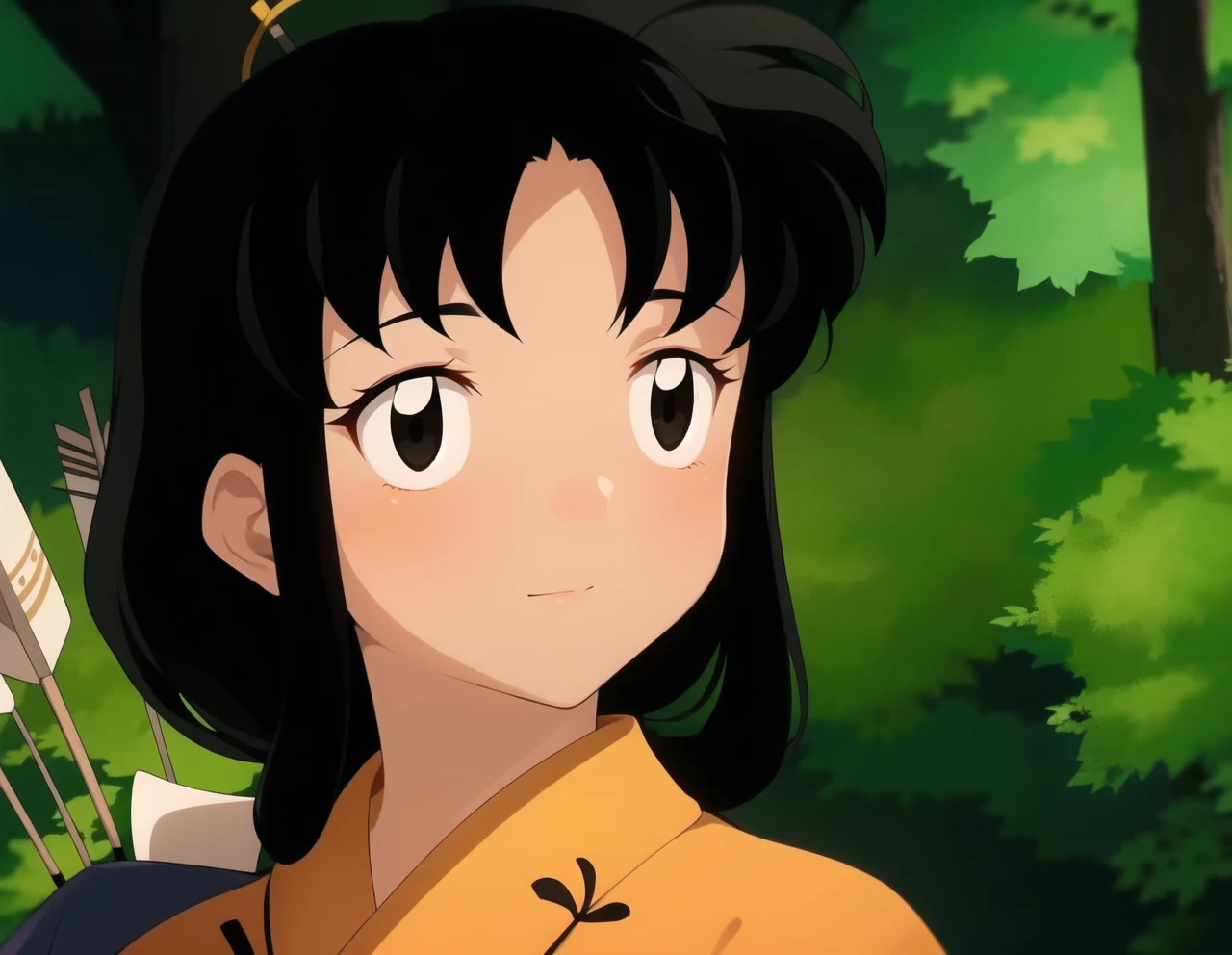 A beautiful girl in a yellow kimono, a beautiful bangs, carry some arrows, is called ((kaede)) Kikyo&#39;s sister