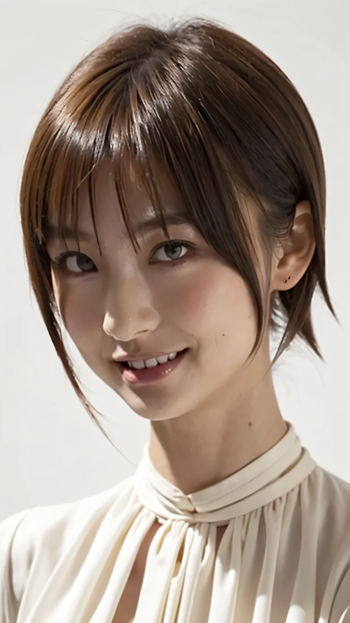 ((Photo from thigh up:1.6))、(Highest quality、Tabletop、8k、Best image quality、Award-winning works)、(One Girl, 14 years old:1.3)、(Wearing a white blouse:1.5)、(Red eyeshadow:1.2)、Perfect Makeup、Long eyelashes、Ultra-high definition sparkling eyes、Ultra HD Hair、Ultra-high resolution glossy lips、Ultra High Resolution Perfect Teeth、Ultra HD cute face、Light Brown Hair:1.4、(Very short straight hair:1.1)、Look at me and smile、[clavicle]、Accurate anatomy、(Face close-up:1.5)、Luxury Love Hotel、(The most atmospheric and warm lighting:1.2)、Blurred Background、With bangs、Ultra-high-definition, shiny, moisturized face、Ultra-high resolution glowing skin、The most detailed face、Super high resolution detailed faces、ultra high resolution hair、Ultra-high resolution sparkling eyes、Beautiful face drawn in every detail、Ultra high resolution glossy red lips