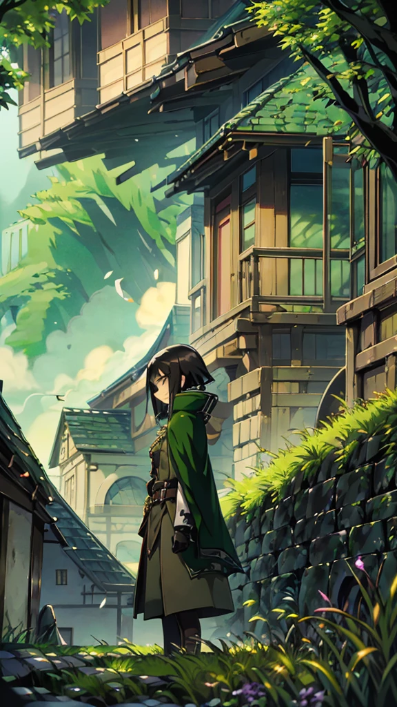 yuichiro hyakuya girl, (WithoutFear:1), 1 girl, black hair, green eyes, brown coat, gray armor, elves, sylvan, green shield, green cloak, dark brown gloves, forest, white fur trim, anime, standing, good quality, portrait, looking at viewer