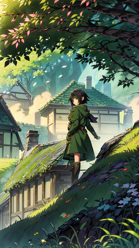 yuichiro hyakuya girl, (WithoutFear:1), 1 girl, black hair, green eyes, brown coat, gray armor, elves, sylvan, green shield, green cloak, dark brown gloves, forest, white fur trim, anime, standing, good quality, portrait, looking at viewer