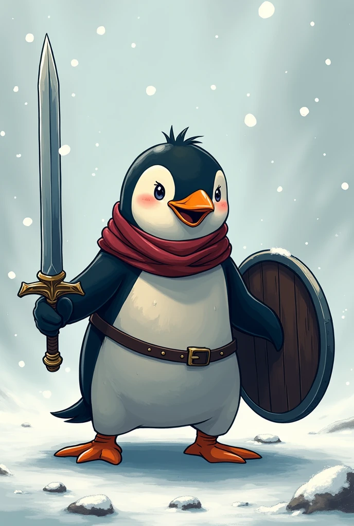 warrior penguin holding a sword and shield in anime style