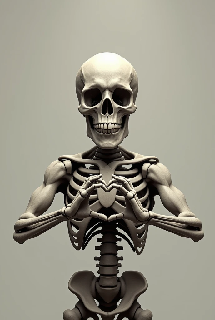 Smiling skull with muscular body making a heart with hands 