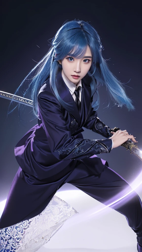 Wearing a suit and holding a sword、Arabian woman taking a photo, Blue Hair, Anime portrait of Shiina Ringo, girl Blue Hair, Rimuru Tempest profile shot, Cai Xukun, Super villain IU Lee Ji-eun, Full body fairy, Inspired by Ren Mei, Dramatic sword poses
