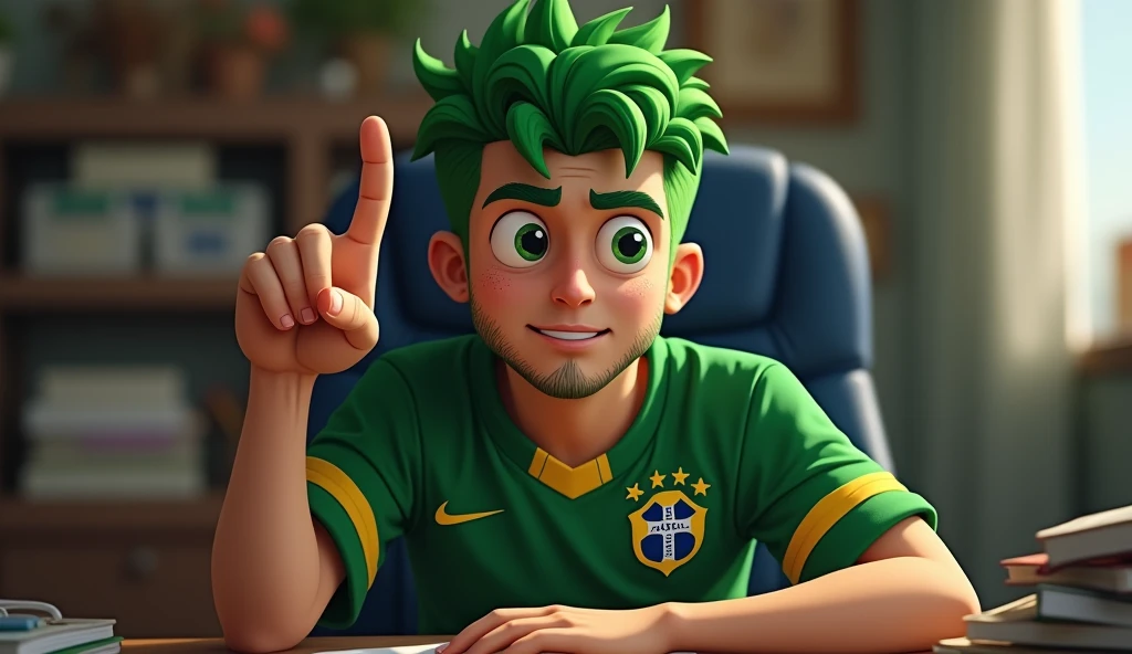 Um homem brasileiro, with green hair, Corinthians shirt, sitting in a desk chair, facing forward with one finger pointing upwards