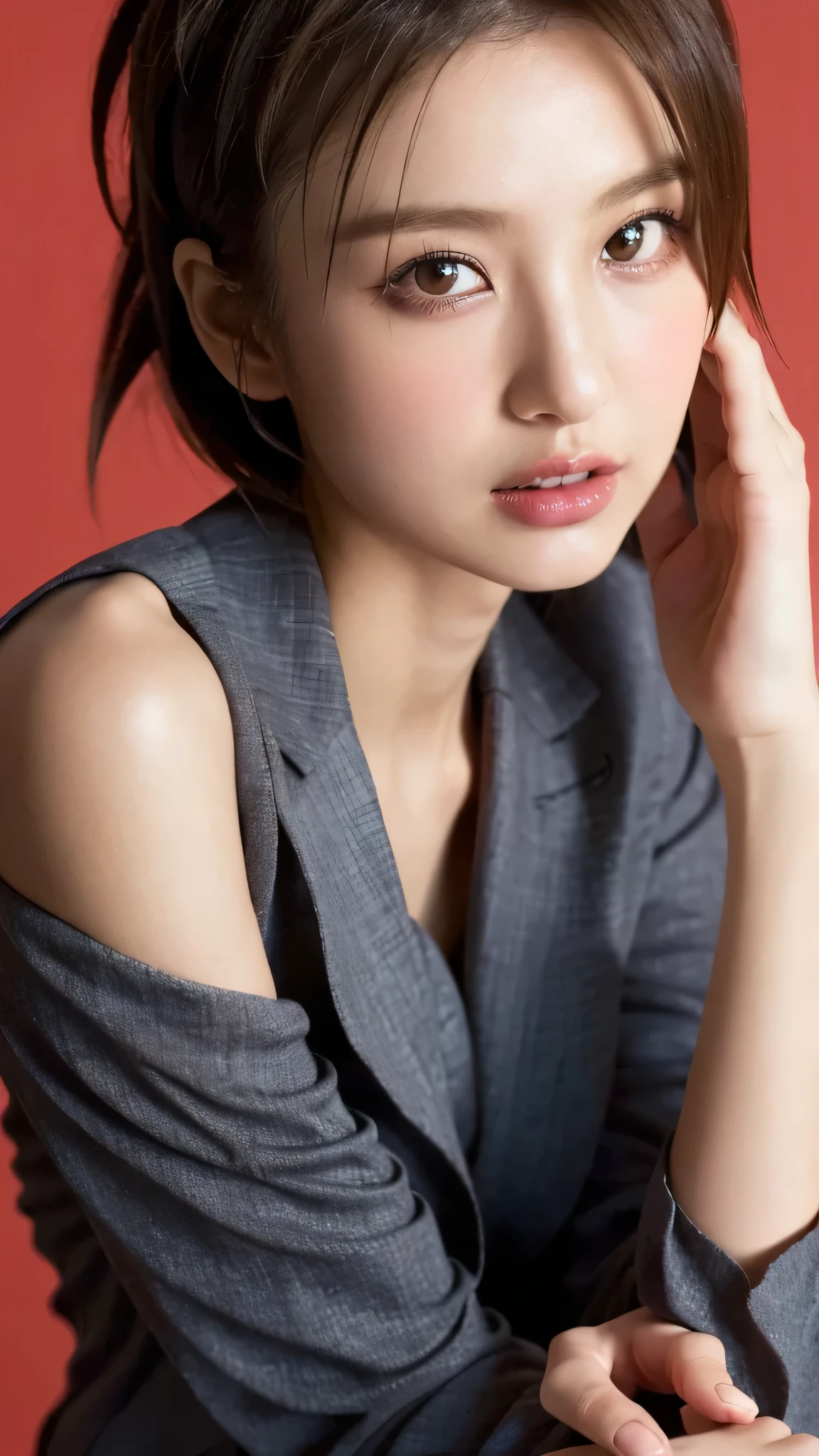 ((Photo from thigh up:1.6))、(Highest quality、Tabletop、8k、Best image quality、Award-winning works)、(One Girl, :1.3)、(Wearing a suit:1.5)、(Red eyeshadow:1.2)、Perfect Makeup、Long eyelashes、Ultra-high definition sparkling eyes、Ultra HD Hair、Ultra-high resolution glossy lips、Ultra High Resolution Perfect Teeth、Ultra HD cute face、Light Brown Hair:1.4、(Very short straight hair:1.1)、Look at me and smile、[clavicle]、Accurate anatomy、(Face close-up:1.5)、Luxury Love Hotel、(The most atmospheric and warm lighting:1.2)、Blurred Background、With bangs、Ultra-high-definition, shiny, moisturized face、Ultra-high resolution glowing skin、The most detailed face、Super high resolution detailed faces、ultra high resolution hair、Ultra-high resolution sparkling eyes、Beautiful face drawn in every detail、Ultra high resolution glossy red lips