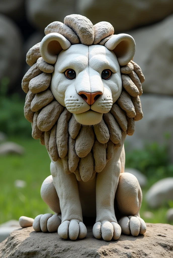 Child creates a lion made of stones