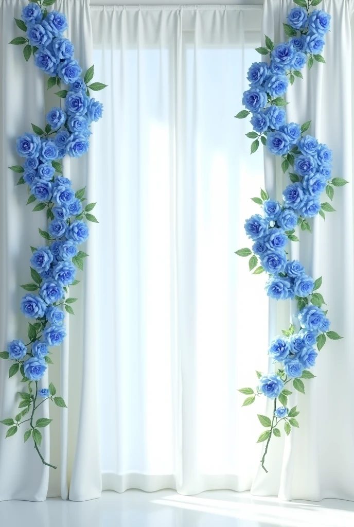 On the white curtains、Decorate with 5 blue rose vines vertically, spaced evenly apart.