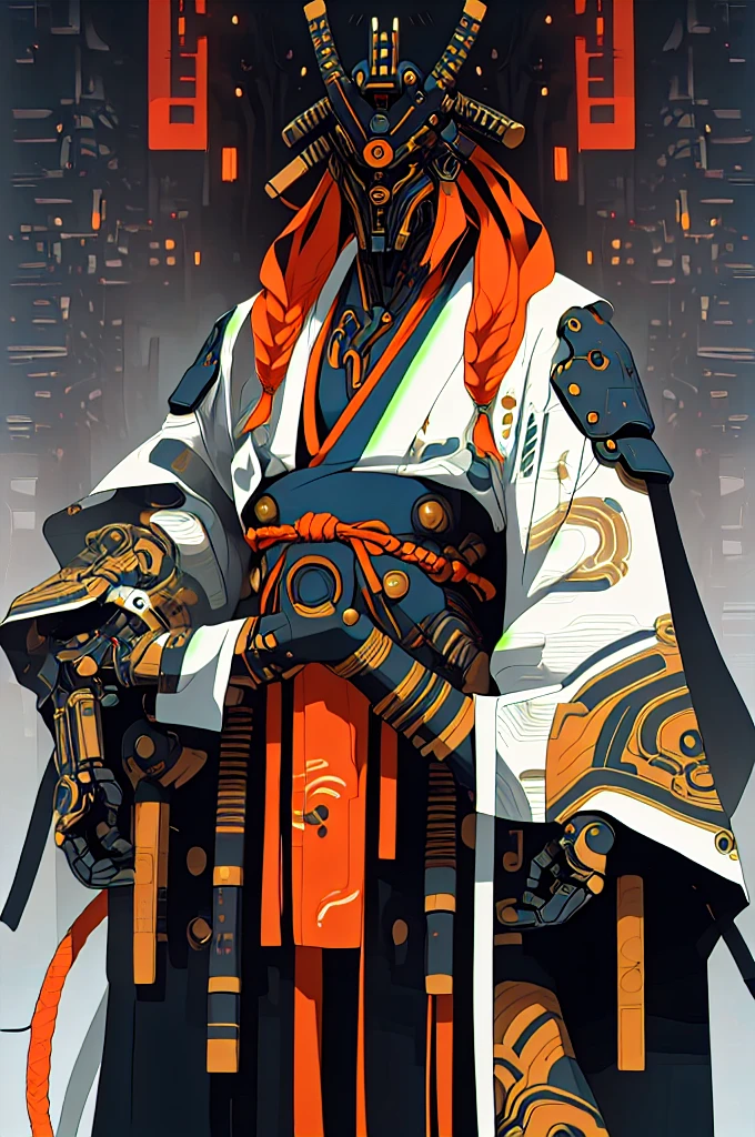 masculine male samurai, strong stature, mechanical body, futuristic kimono, cyberpunk aesthetic, long masculine braided hair, high fantasy environment, feudal Japan, high-tech Zen Garden, futuristic samurai armor, high quality, drawn anime style