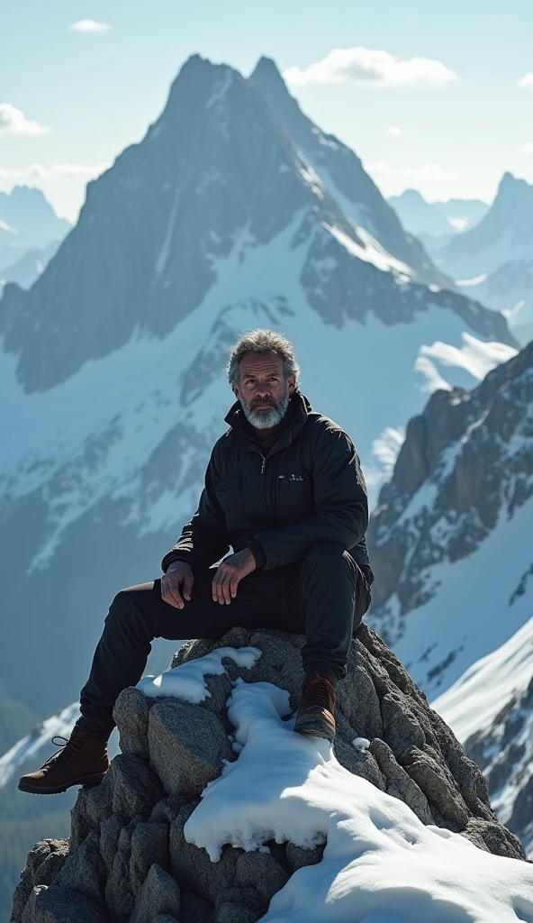 I want a realistic photo of a man in dark color sitting on the top of a mountain