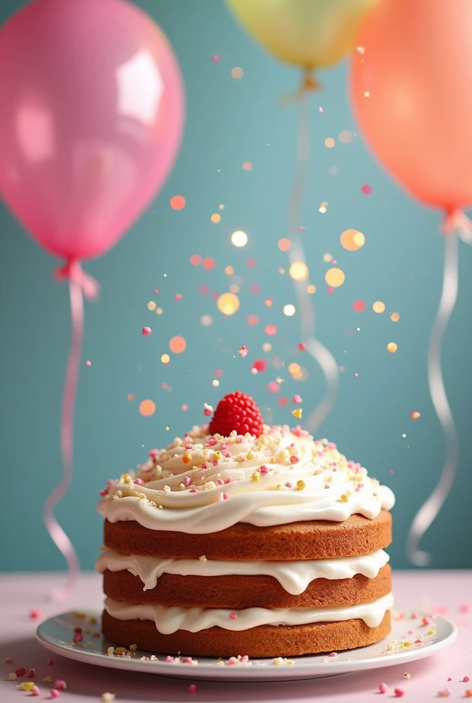 a party with balloons,bubbles and cake
