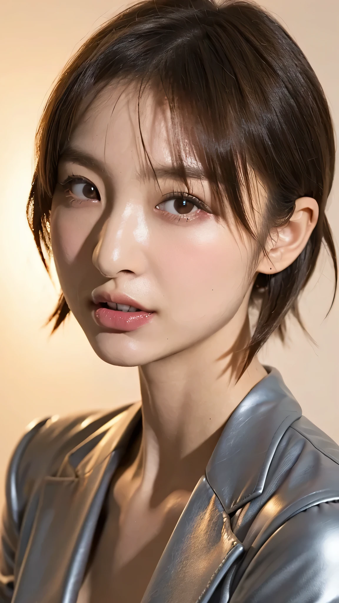 ((Photo from thigh up:1.6))、(Highest quality、Tabletop、8k、Best image quality、Award-winning works)、(One Girl, :1.3)、(suitを着ている:1.5)、(Red eyeshadow:1.2)、Perfect Makeup、Long eyelashes、Ultra-high definition sparkling eyes、Ultra HD Hair、Ultra-high resolution glossy lips、Ultra High Resolution Perfect Teeth、Ultra HD cute face、Light Brown Hair:1.4、(Very short straight hair:1.1)、Look at me and smile、[clavicle]、Accurate anatomy、(Face close-up:1.5)、Luxury Love Hotel、(The most atmospheric and warm lighting:1.2)、Blurred Background、With bangs、Ultra-high-definition, shiny, moisturized face、Ultra-high resolution glowing skin、The most detailed face、Super high resolution detailed faces、ultra high resolution hair、Ultra-high resolution sparkling eyes、Beautiful face drawn in every detail、Ultra high resolution glossy red lips、Full Body Shot、blazer、skirt、OL、suit