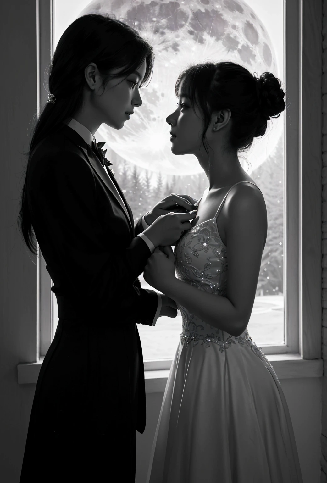 bride and groom looking at each other in front of a full moon, alena aenami and lilia alvarado, two beautiful women in love, lesbian art, two women, lesbian embrace, facing each other, charlie bowater and artgeem, jingna zhang, nixeu and sakimichan, wedding photo, black and white), night!