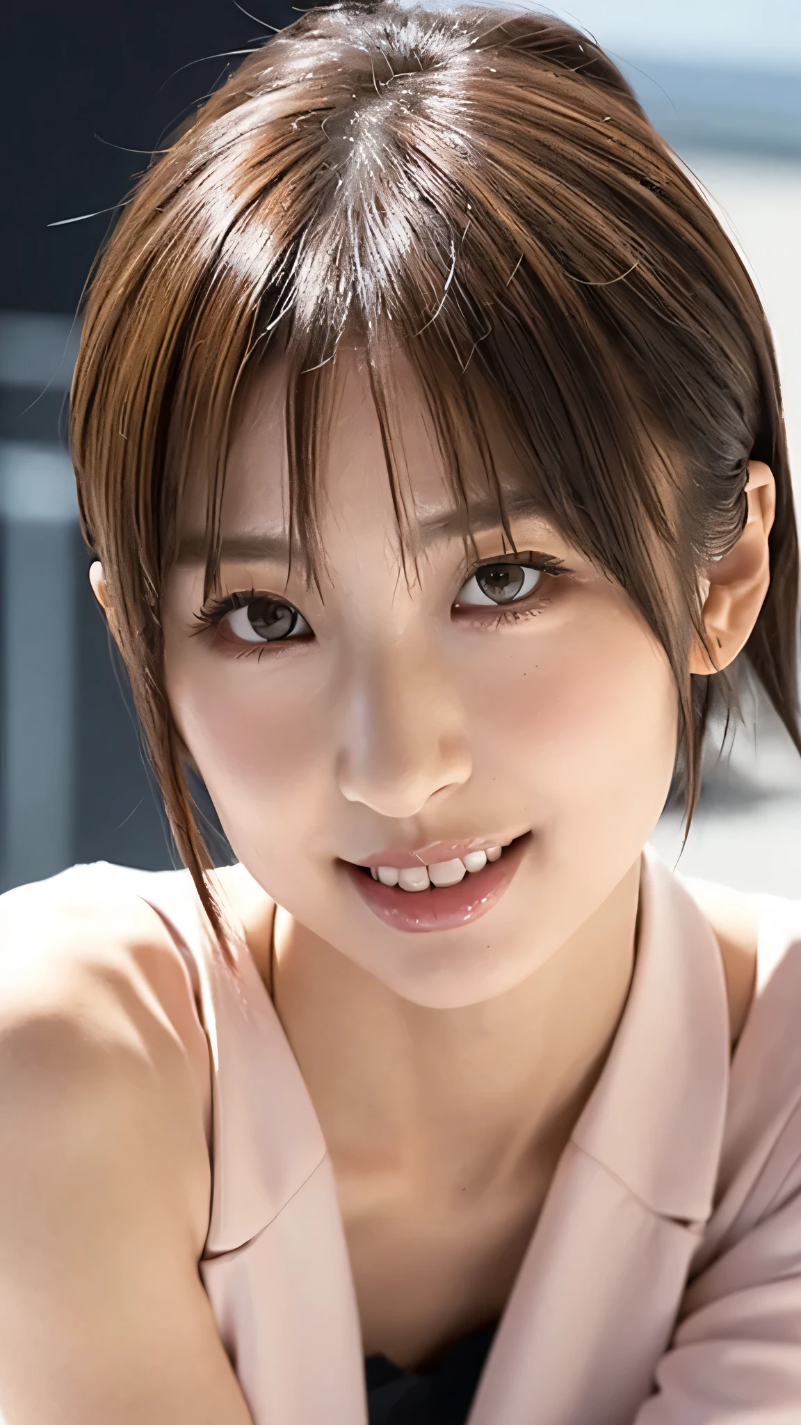 ((Photo from thigh up:1.6))、(Highest quality、Tabletop、8k、Best image quality、Award-winning works)、(One Girl, :1.3)、(suitを着ている:1.5)、(Red eyeshadow:1.2)、Perfect Makeup、Long eyelashes、Ultra-high definition sparkling eyes、Ultra HD Hair、Ultra-high resolution glossy lips、Ultra High Resolution Perfect Teeth、Ultra HD cute face、Light Brown Hair:1.4、(Very short straight hair:1.1)、Look at me and smile、[clavicle]、Accurate anatomy、(Face close-up:1.5)、Luxury Love Hotel、(The most atmospheric and warm lighting:1.2)、Blurred Background、With bangs、Ultra-high-definition, shiny, moisturized face、Ultra-high resolution glowing skin、The most detailed face、Super high resolution detailed faces、ultra high resolution hair、Ultra-high resolution sparkling eyes、Beautiful face drawn in every detail、Ultra high resolution glossy red lips、Full Body Shot、blazer、skirt、OL、suit