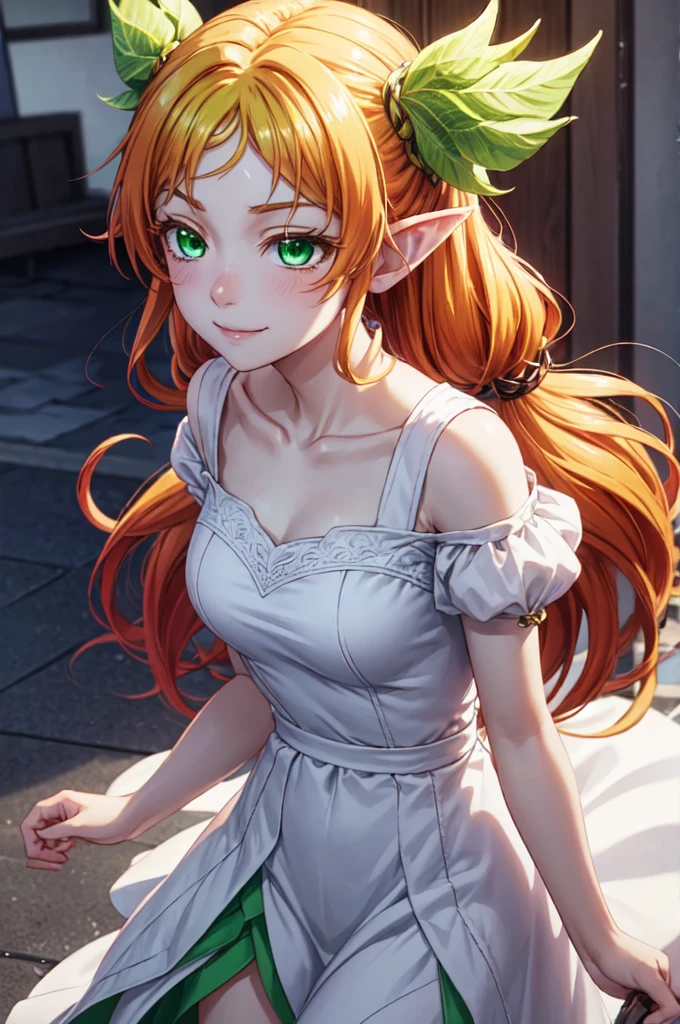 tsundereFairy, tsundere Fairy, Long Hair, Blonde Hair, (Green Eyes:1.5), Pointed Ears, Fairy, Multicolored Hair, Forehead jewel,smile、Closed Mouth、Absolute reference to the center、Cute no matter who looks at it、Arms behind back,clavicle,White Dresses、Absolute reference to center、whole body, alone,Cinematic lighting、Cowboy Shot、Beautiful thighs、Highly detailed face, Perfect lighting, Highly detailed CG, (Perfect hands, Perfect Anatomy, dynamic pose