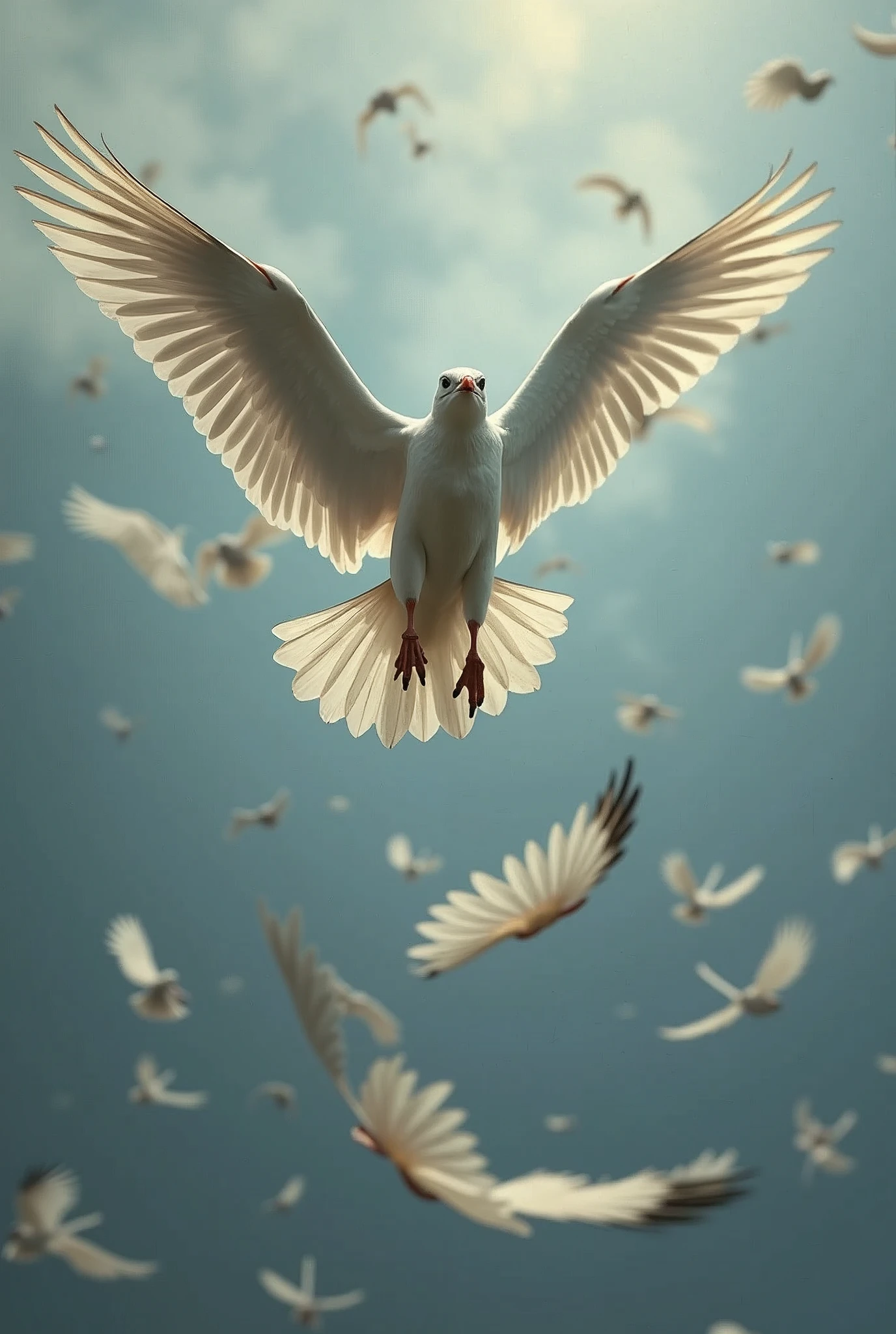shedding feathers as they inevitably descend.