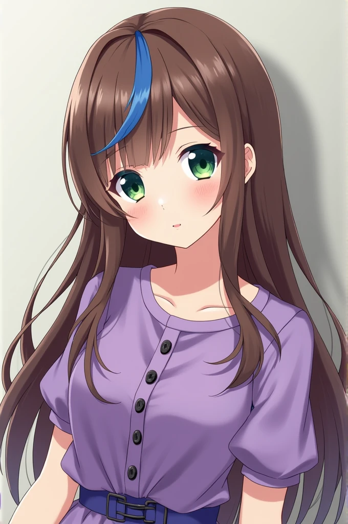 Anime girl with brown hair and a blue streak in her bangs with green eyes and a purple dress