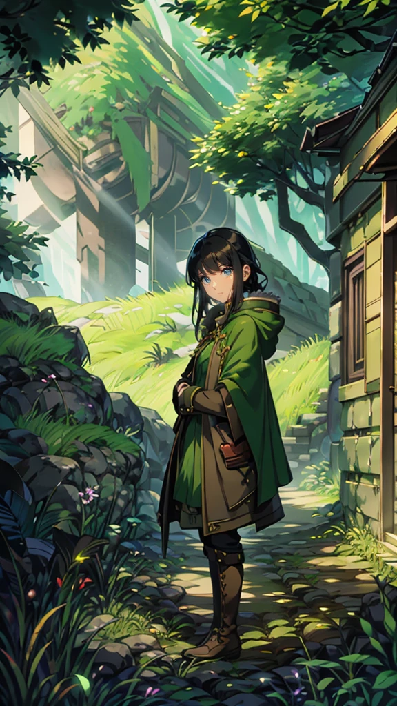 yuichiro hyakuya girl, (WithoutFear:1), 1 girl, black hair, green eyes, brown coat, gray armor, elves, sylvan, green shield, green cloak, dark brown gloves, forest, white fur trim, anime, standing, good quality, portrait, looking at viewer