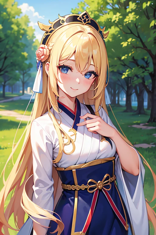 (work of art), High definition Hanfu women, European and American face, face perfect, long blonde hair, blue colored eyes, very charming, dazzling smile, blush, looking ahead at viewer 
