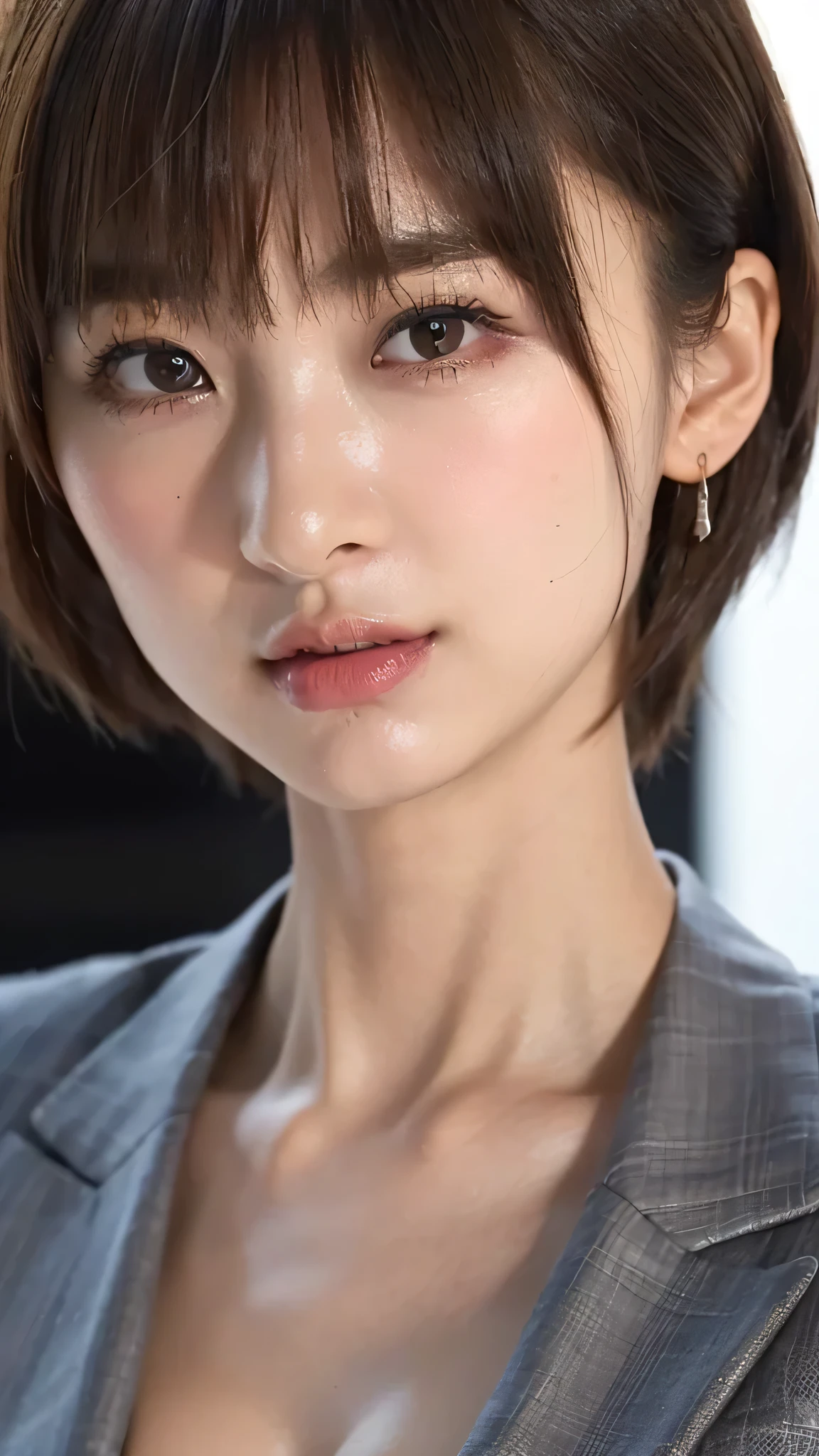 ((Full body photo:1.6))、(Highest quality、Tabletop、8k、Best image quality、Award-winning works)、(One Girl, :1.3)、(suitを着ている:1.5)、(Red eyeshadow:1.2)、Perfect Makeup、Long eyelashes、Ultra-high definition sparkling eyes、Ultra HD Hair、Ultra-high resolution glossy lips、Ultra High Resolution Perfect Teeth、Ultra HD cute face、Light Brown Hair:1.4、(Very short straight hair:1.1)、Look at me and smile、[clavicle]、Accurate anatomy、(Face close-up:1.5)、Luxury Love Hotel、(The most atmospheric and warm lighting:1.2)、Blurred Background、With bangs、Ultra-high-definition, shiny, moisturized face、Ultra-high resolution glowing skin、The most detailed face、Super high resolution detailed faces、ultra high resolution hair、Ultra-high resolution sparkling eyes、Beautiful face drawn in every detail、Ultra high resolution glossy red lips、Full Body Shot、blazer、skirt、OL、suit