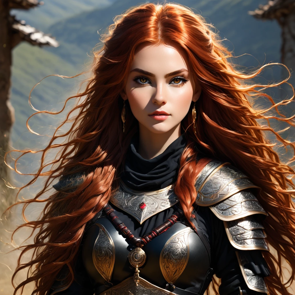 an image Nayane Laura Menequel XX weeks 13, a beautiful young woman with a friendly warrior appearance, detailed light honey eyes, long red hair, wearing black boots, she is in a full body pose