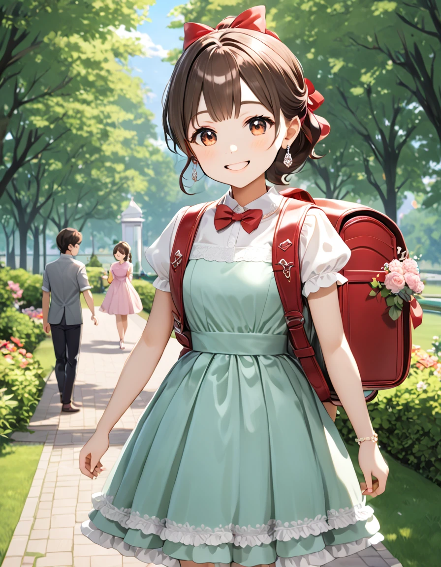 Masterpiece, hd, 1girl, best quality, brown hair, medium hair, ponytail, hair ribbon, earrings, jewelry, wearing party dress, (party dress:1.2), cute dress, frilly dress, short sleeves, bowtie, hair ornaments, smile, happy, standing, outdoor, park, daytime, wearing randoseru backpack, (backpack:1.2)