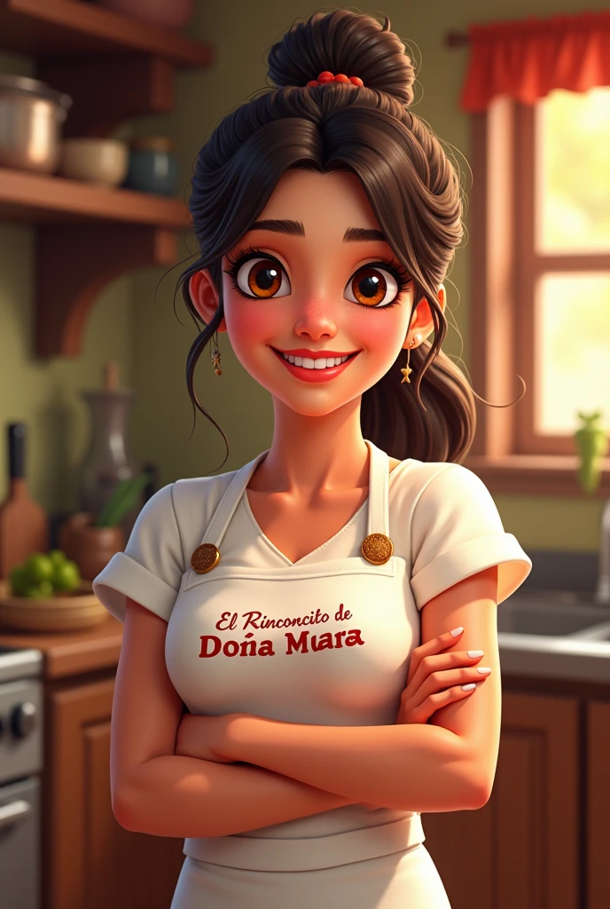 Cute female chef with an apron that says &quot;El Rinconcito de Doña Maria&quot; the same but in Spanish