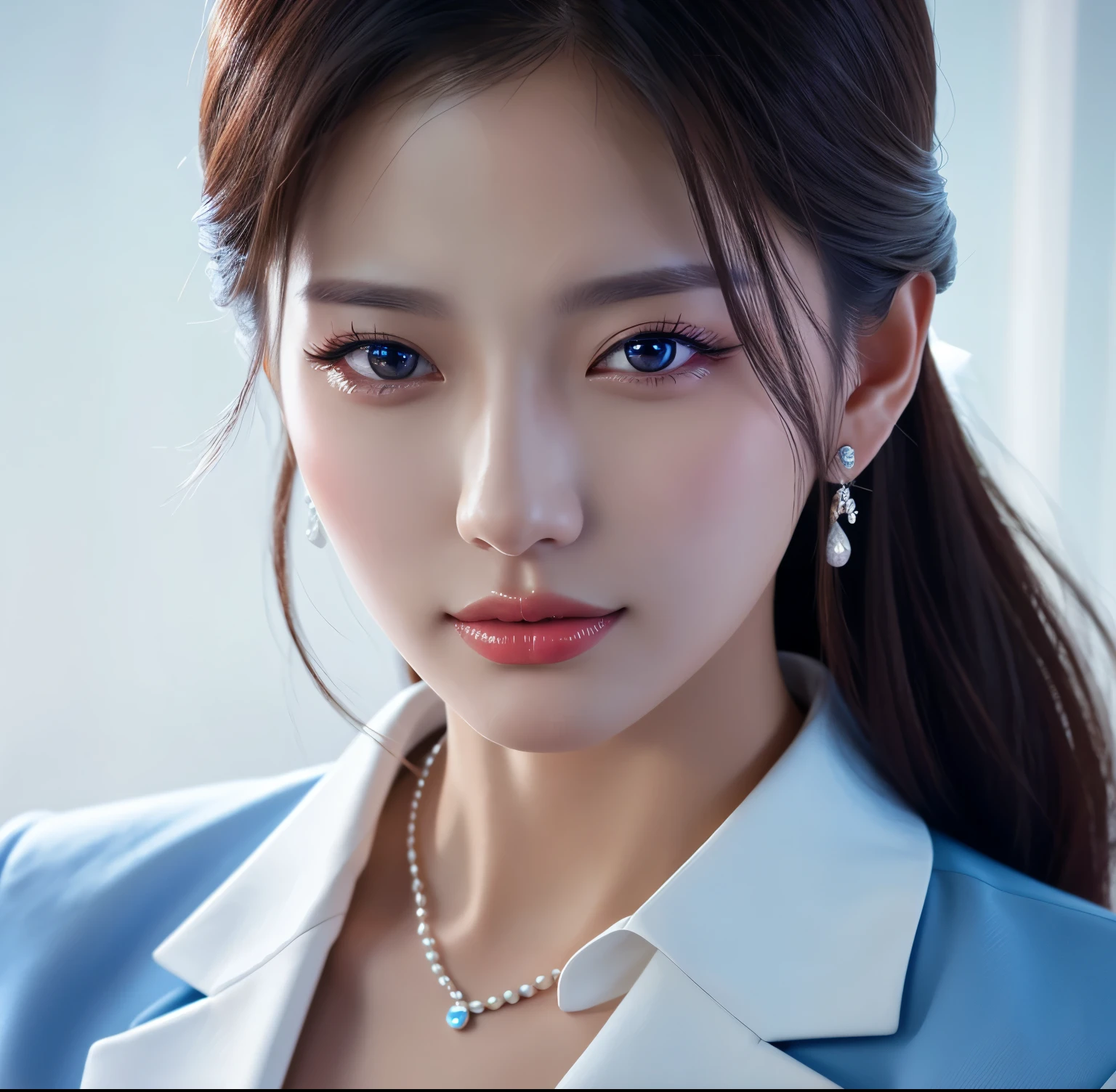 Close up portrait of woman in blue suit and white shirt, Elegant digital art, High-quality portraits, Shiny digital painting, Digital Art Images, Beautiful digital art, Elegant digital painting, Portraits of Korean female idols, Beautiful digital painting, Realistic cute girl drawing, high quality digital painting, TWICE's Tzuyu, Professional Profile Photo, Korean Girls
