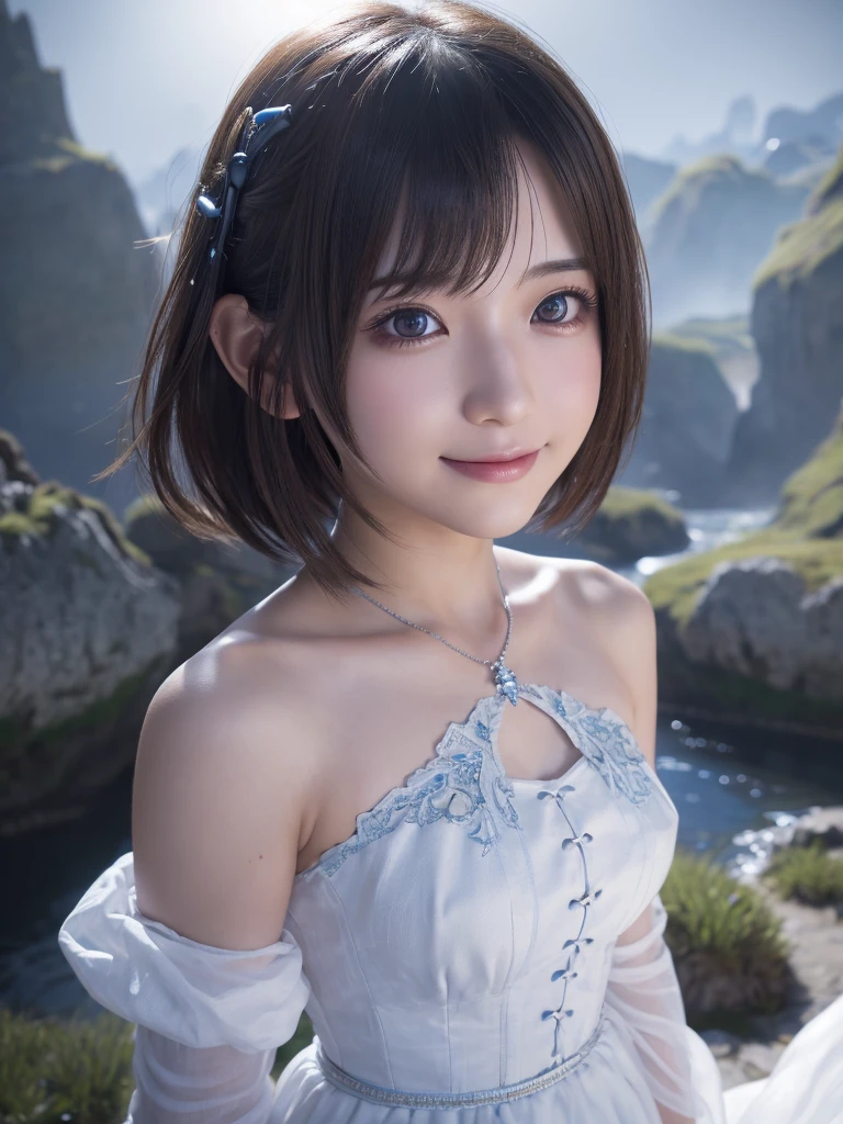 head shot,beautiful detailed eyes, droppy eyes,beautiful detailed lips, extremely detailed eyes and face, long eyelashes, 1japanese girl, fantasy character, (Final Fantasy, yuuna:1.25),smile,short hair,elegant white dress,break, blue long skirt,break,magical girl, highly detailed, fantasy landscape, dramatic lighting, glowing effects, mist, intricate details, volumetric lighting, cinematic composition, hyper realistic, 8k, best quality, masterpiece, photorealistic,Highres fix