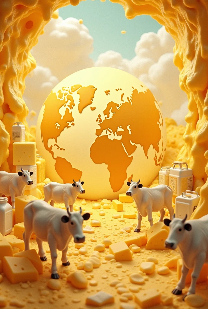 World and cheese with cows around and surrounded by dairy products around the world