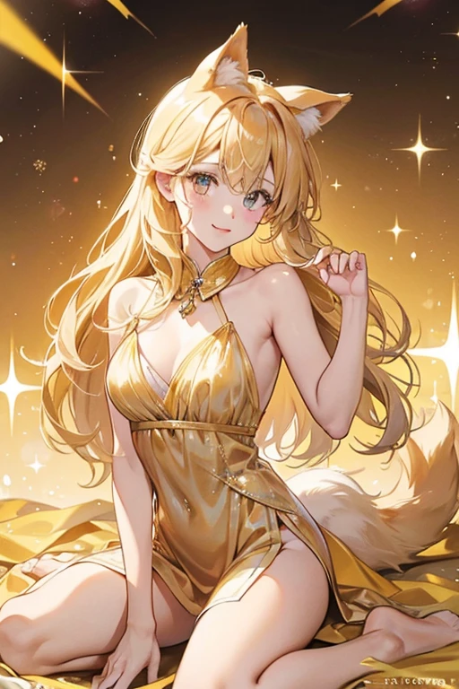 Tater is a yellow golden girl retriever. shehave floppy ears and a short tail. SPARKLE; GLITTER