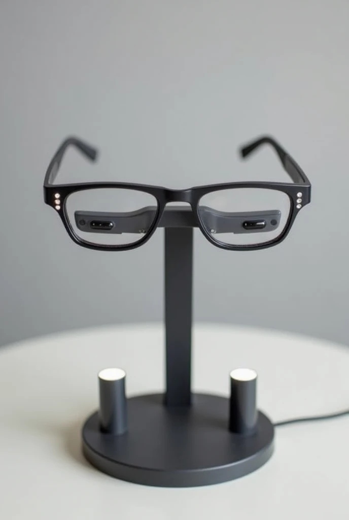 The glasses have a medium-sized frame., Made of a light but durable material. The frame is a neutral color, like black, to give it a modern and discreet look.
On each side of the mount, Small LED flashlights are integrated.
Place the glasses on a base that holds them by the legs with two small columns