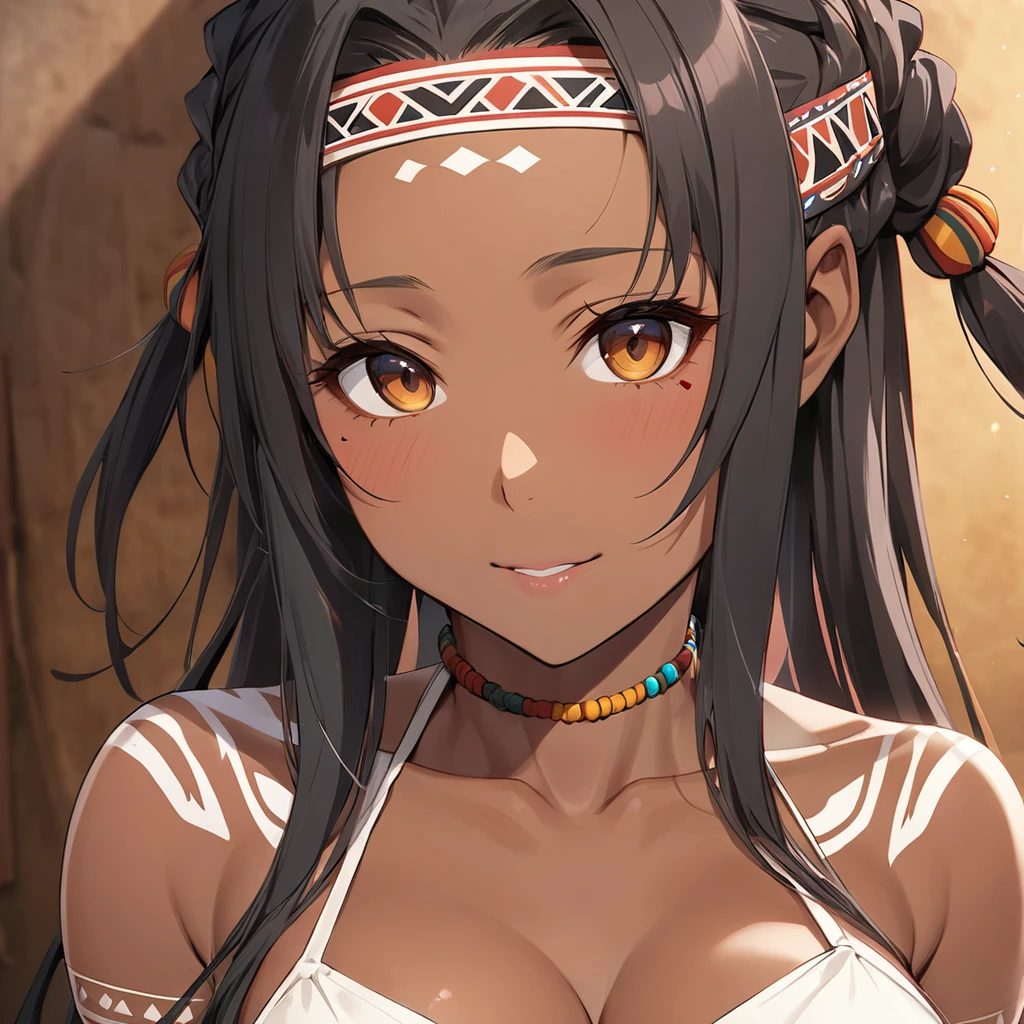 ((Highest quality)), ((masterpiece)), (detailed), (Perfect Face)、The woman is Yuuki Asuna, a black woman with dark skin, very short black hair, a natural afro curls that have been turned into dreadlocks, a tribal hairstyle, African makeup, black nipples, and beautiful tattoos all over her body. Her tribal costume does not cover her breasts.、The woman was a perfect African native tribal woman, and had become a tribal woman in both body and mind.、The woman is a native African and lives happily with her fellow tribe members.、The woman is a beautiful native African tribal woman.