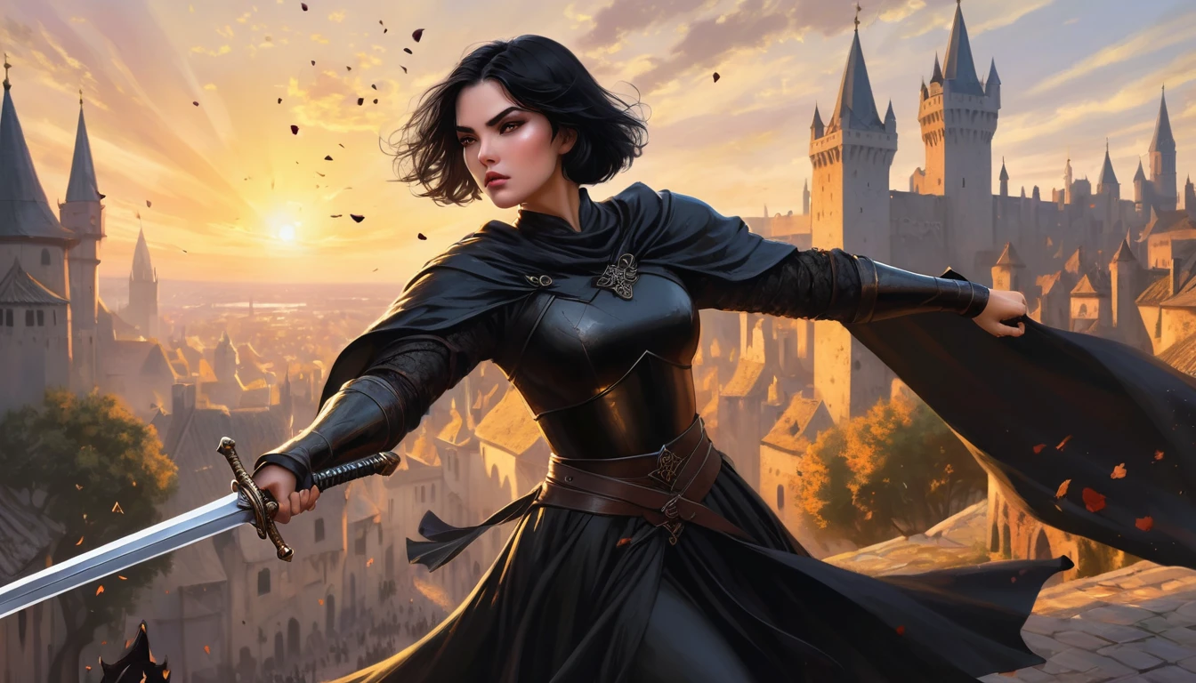 1 warrior women with several scars, expressive black eyes, black short hair, dressed with a black cape, using his massive two hand sword ,fighting pose ,black petals fall from the sky in big medieval city in sunset in background, detail richness, masterpiece, best quality, realistic rendering