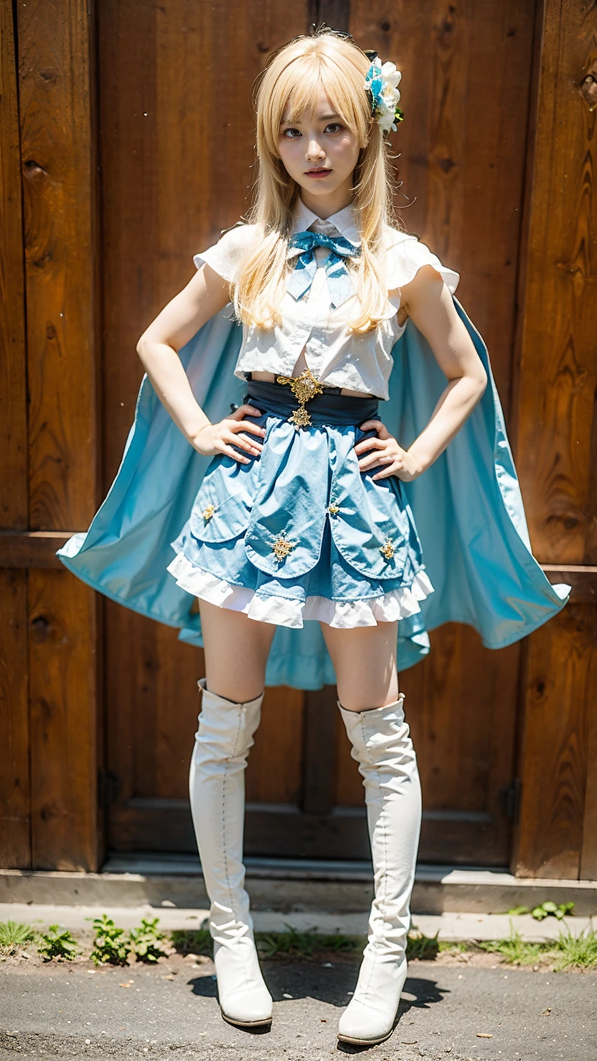 (8k、RAW Photos、Highest quality、masterpiece:1.2)、(Realistic、Realistic)、1 girl、((Blonde、White and light blue、Frills、Cape、mini skirt、Thin legs、whole body、boots、View from the front、Looking into the camera、Stand with hands on hips))、cute