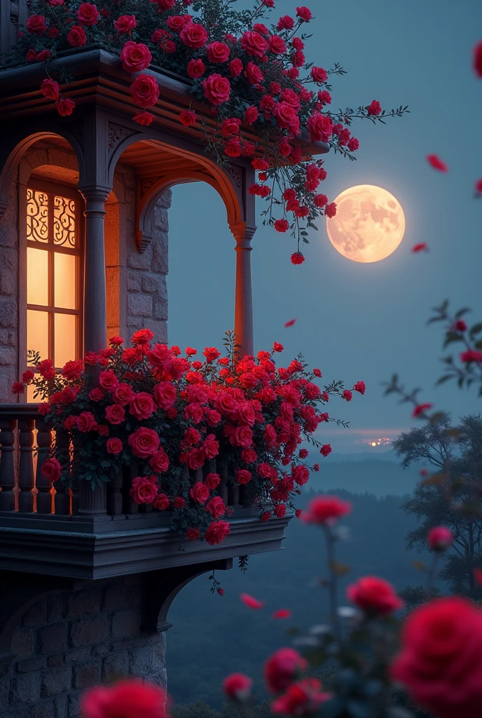 Make a balcony decorated with red roses at night