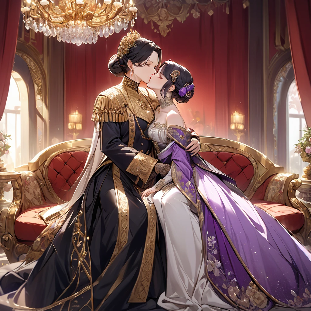 ((Highest quality)), ((masterpiece)), (detailed), （Perfect Face）、The woman is Shinobu Kocho, a Russian with black hair with purple gradient ends, tied in a bob hairstyle, an elegant, graceful and beautiful Russian noblewoman, and the Empress of the Great Russian Empire.、The woman is beautifully dressed in the gorgeous, glittering gold-colored Russian court dress of an ancient Russian empress, accessorized with luxurious accessories and kokoshniks.、The woman is standing next to a great and dignified old Russian emperor.、The woman is sitting on a luxurious sofa in the palace hugging and kissing the great old Russian emperor.