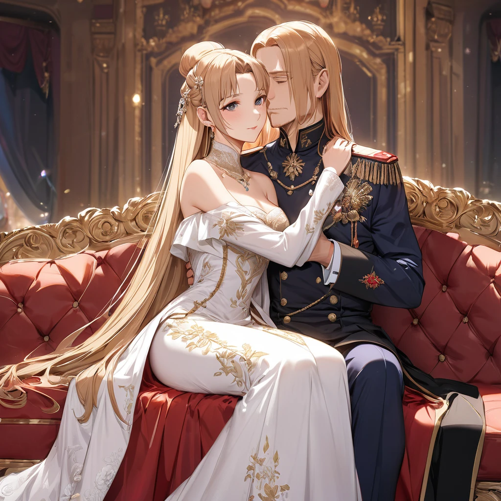 ((Highest quality)), ((masterpiece)), (detailed), （Perfect Face）、The woman is Yuuki Asuna, a Russian with light brown, medium-long hair, an elegant, graceful and beautiful Russian noblewoman, and the Empress of the Great Russian Empire.、The woman is beautifully dressed in the gorgeous and glittering gold-colored Russian court dress of an ancient Russian empress, with gorgeous accessories, and a beautiful and luxurious kokoshnik.、The woman is standing next to a great and dignified old Russian emperor.、The woman sits cozy with the great Russian emperor on a luxurious sofa in the palace.、The woman is sitting on a luxurious sofa in the palace hugging and kissing the great old Russian emperor.