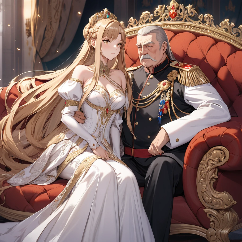 ((Highest quality)), ((masterpiece)), (detailed), (Perfect Face)、The woman is Yuuki Asuna, a Russian with light brown, medium-long hair, an elegant, graceful and beautiful Russian noblewoman, and the Empress of the Great Russian Empire.、The woman is beautifully dressed in the gorgeous and glittering gold-colored Russian court dress of an ancient Russian empress, with gorgeous accessories, and a beautiful and luxurious kokoshnik.、The woman is standing next to a great and dignified old Russian emperor.、The woman sits cozy with the great Russian emperor on a luxurious sofa in the palace.、The woman is sitting on a luxurious sofa in the palace hugging and kissing the great old Russian emperor.