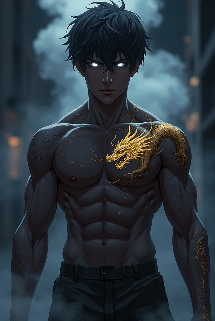 Young man,ager, ebony skin, bright white eyes, cracked body, magic cracks, Smoke atmosphere, night, golden tattoo of a dragon on his chest, bare-chested. Powerful, muscular aura, anime style.