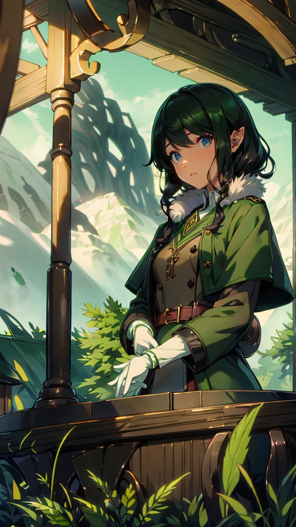yuichiro hyakuya girl, (WithoutFear:1), 1 girl, black hair, green eyes, brown coat, gray armor, elves, sylvan, green shield, green cloak, dark brown gloves, forest, white fur trim, anime, standing, good quality, portrait, looking at viewer