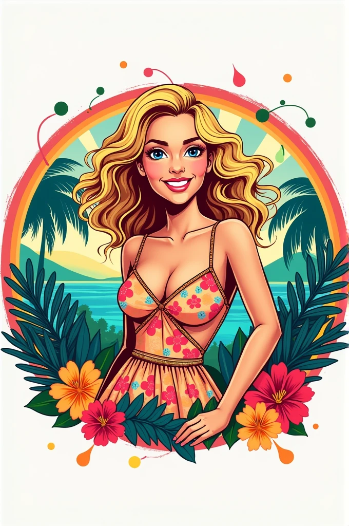 Circular juice and ice cream shop logo with tropical style. Curly blonde woman