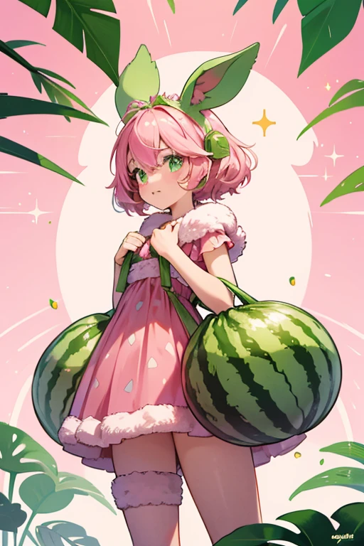 Rhubarb is a pink girl  kangaroo with green ears and a green pouch. her pink fur has dark pink spots resembling watermelon seeds. SPARKLE; GLITTER
