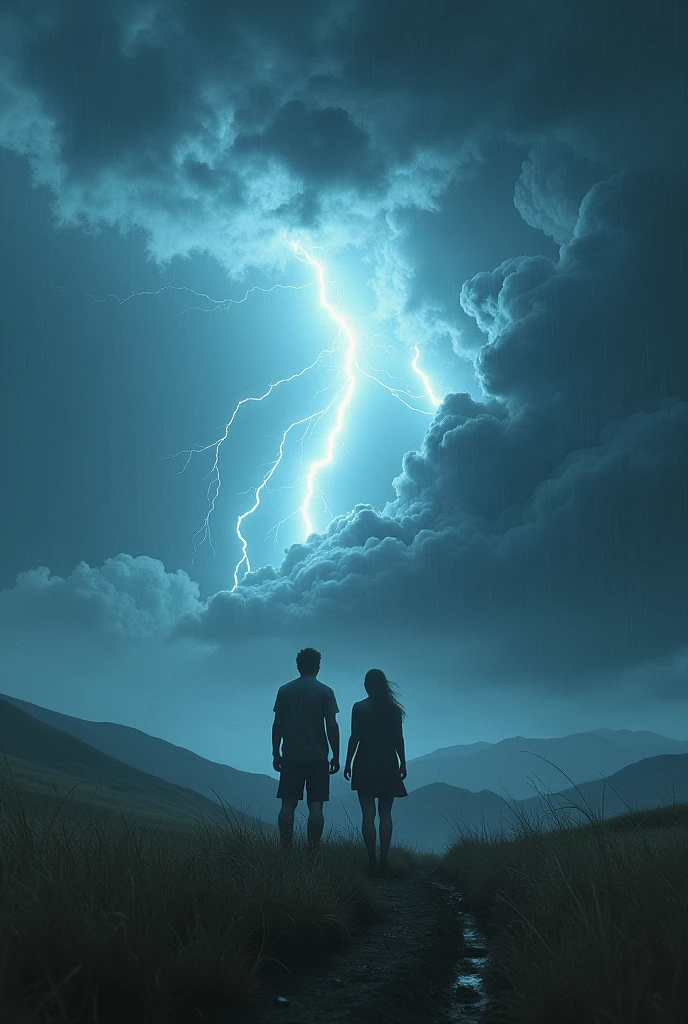 images of two people facing a storm with thunder and lightning