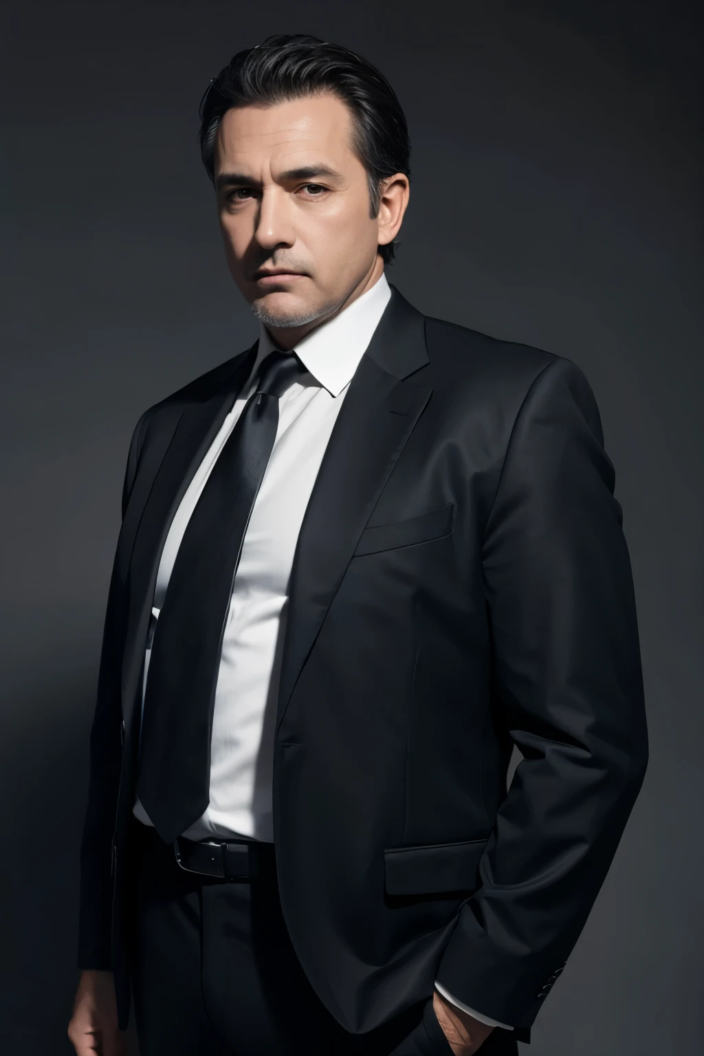 Designer European and American middle-aged man standing alone with black upper body in suit