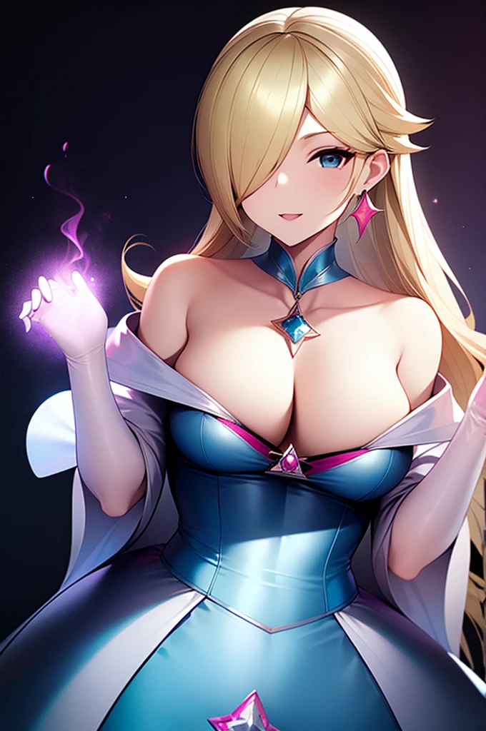 erotic、Rosalina、Blonde、tall、 mature, Married women, White and light blue glittering succubus outfit、Off the shoulder、邪evilな女戦闘員, Pink and black background, Pitch-dark bedroom, Dark Theme, evil, lure, excited, Condescending smile, Lightly open your mouth、Sexy pose, Upper Body,