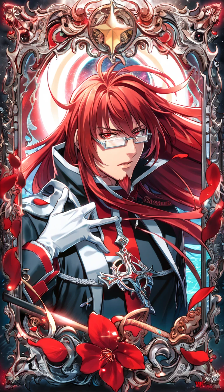 absurdres, highres, ultra detailed, HDR, master piece, Marian Cross, red hair with bangs, long hair, messy hair, red goatee, expressive red eyes, rectangular glasses, black coat, white gloves, D.Gray-man, sexy man, handsome, best quality, red glittering crescent moon, red flowers, fantasy, magical, solo, water, red shining fireflies, red petals, sensual, horny, cross
