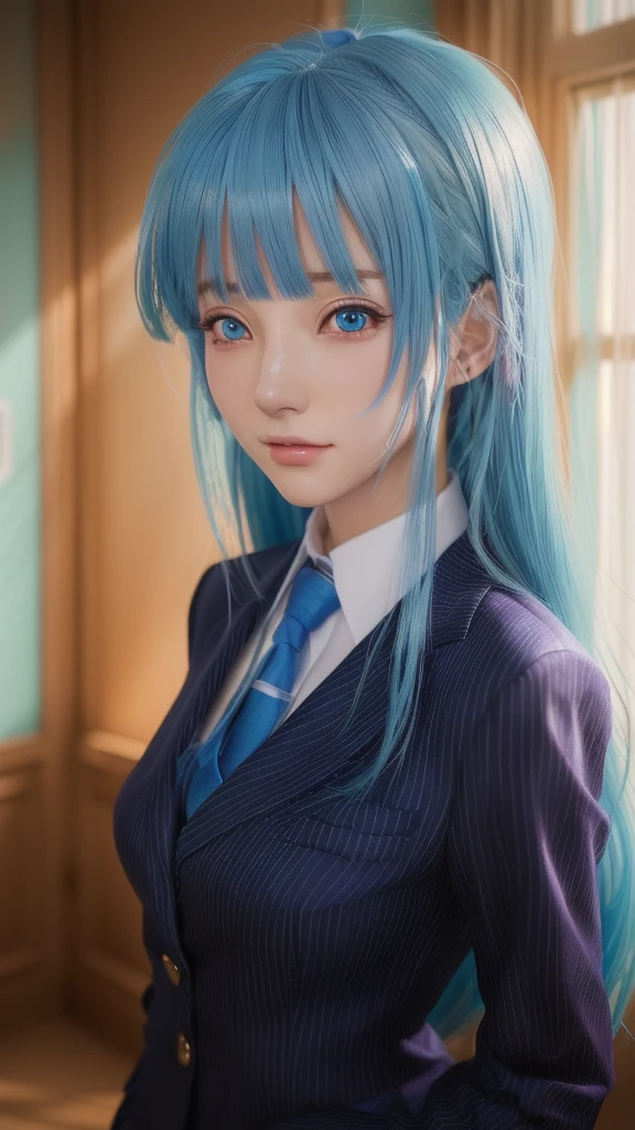 A woman with blue hair and a suit poses for a photo, photoRealistic Anime, a Surreal school girl, Realistic Anime 3 d style, Real life anime girls, Surreal school girl, 3D Anime Real, hyper Realistic Anime, Realistic young anime girl, Realistic Anime, Beautiful anime school girl, Anime realism style, photoRealistic Anime girl render
