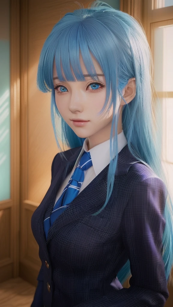 A woman with blue hair and a suit poses for a photo, photoRealistic Anime, a Surreal school girl, Realistic Anime 3 d style, Real life anime girls, Surreal school girl, 3D Anime Real, hyper Realistic Anime, Realistic young anime girl, Realistic Anime, Beautiful anime school girl, Anime realism style, photoRealistic Anime girl render