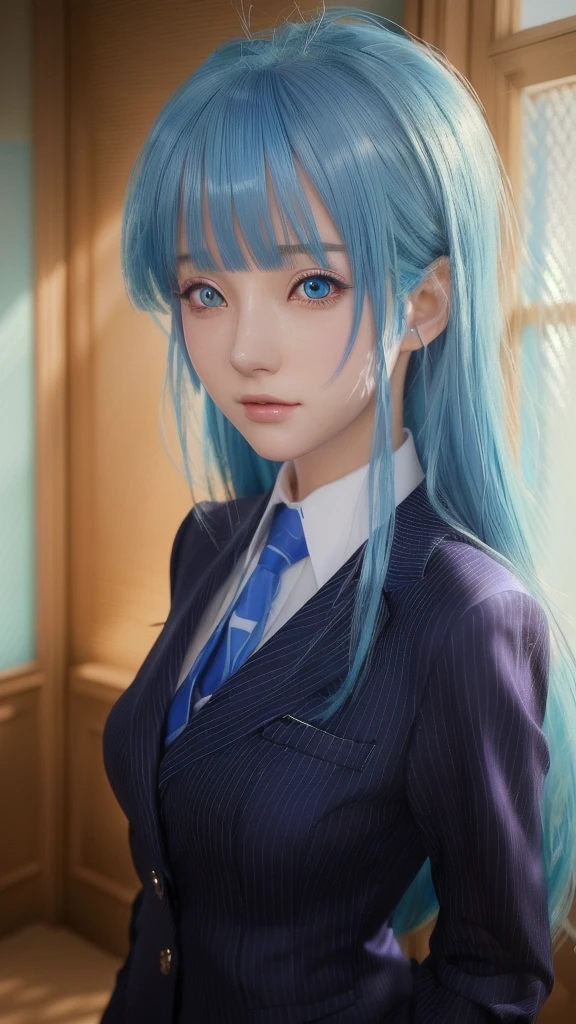 A woman with blue hair and a suit poses for a photo, photoRealistic Anime, a Surreal school girl, Realistic Anime 3 d style, Real life anime girls, Surreal school girl, 3D Anime Real, hyper Realistic Anime, Realistic young anime girl, Realistic Anime, Beautiful anime school girl, Anime realism style, photoRealistic Anime girl render