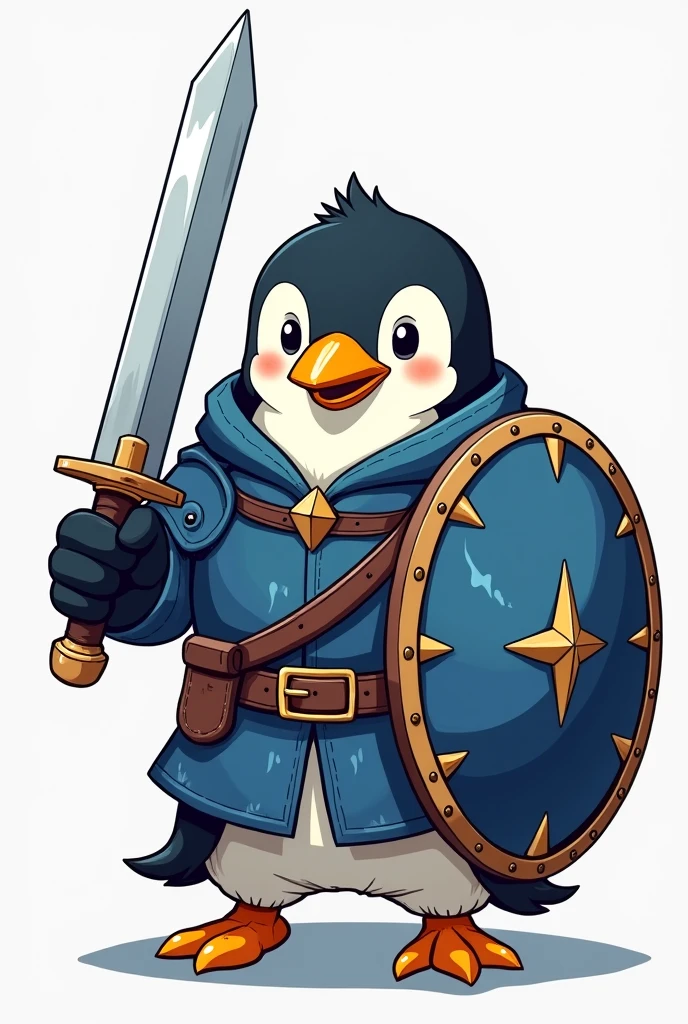 warrior penguin holding a sword and shield wearing blue armor in anime style